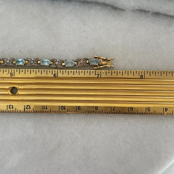 Vintage 925 Yellow Gold Vermeil Silver Tennis Bracelet Natural Blue Topaz Gemsto - Picture 10 of 12